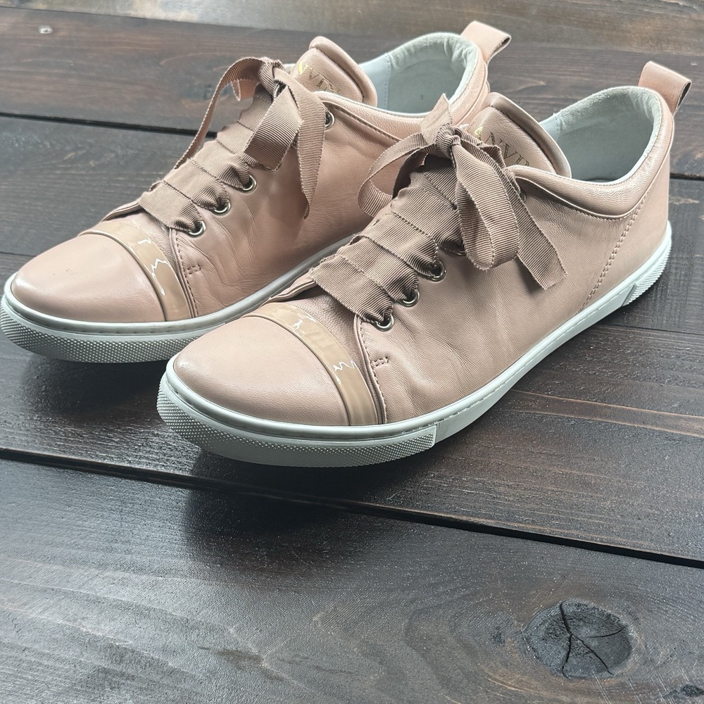 Lanvin Dusty Pink Lambskin Leather Patent Toe Strip Low Top Sneakers Women's  40